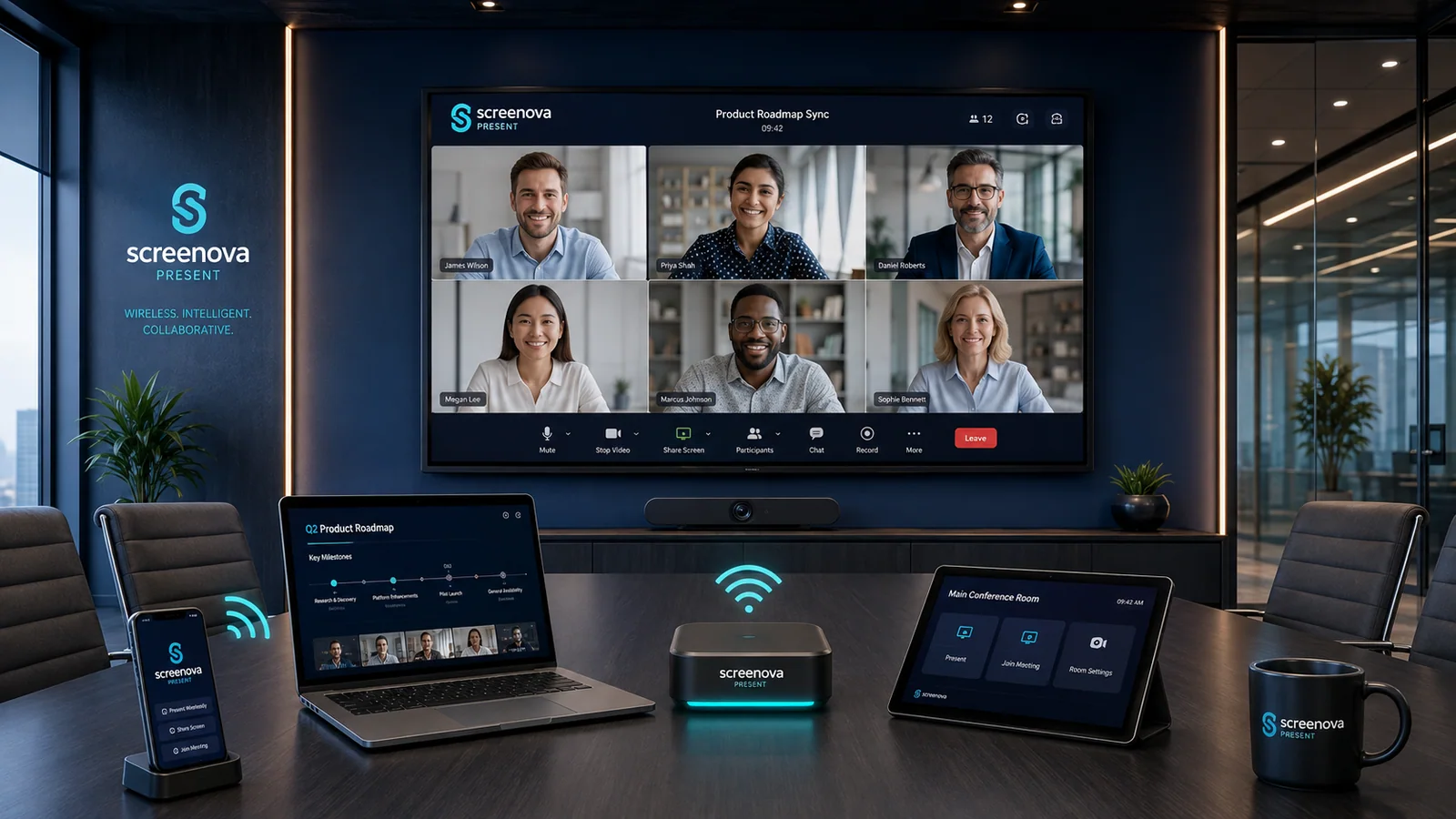 Screenova Present running a video meeting in a modern conference room